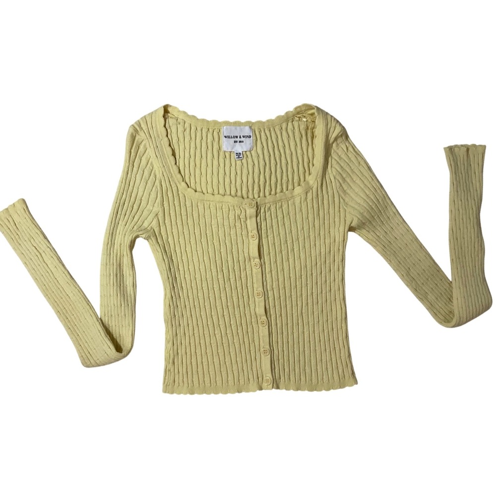 Willow & Wind Yellow Scalloped Dainty Button Front Cropped Cardigan XS